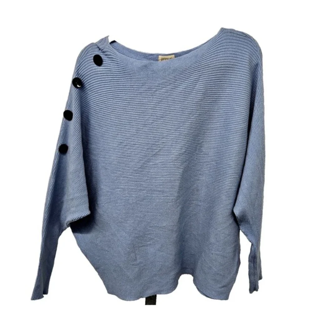 Greige Ribbed Dolman Sweater Womens Size L Side Buttons Long Sleeves Light Blue - Picture 1 of 7